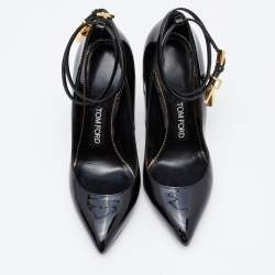 Pre Owned Tom Ford Black Patent Leather Padlock Ankle Wrap Pumps Size 36.5