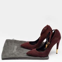 Pre Owned Tom Ford Burgundy Suede Padlock Ankle Wrap Pumps Size 37