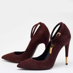 Pre Owned Tom Ford Burgundy Suede Padlock Ankle Wrap Pumps Size 37