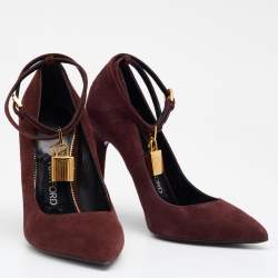 Pre Owned Tom Ford Burgundy Suede Padlock Ankle Wrap Pumps Size 37