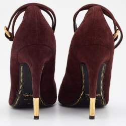 Pre Owned Tom Ford Burgundy Suede Padlock Ankle Wrap Pumps Size 37