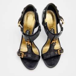 Pre Owned Tom Ford Black Leather Buckle Detail T-Strap Sandals Size 36