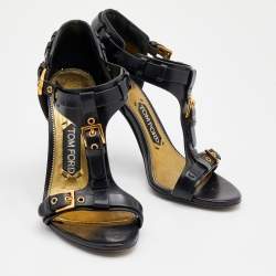 Pre Owned Tom Ford Black Leather Buckle Detail T-Strap Sandals Size 36