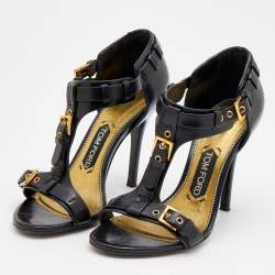 Pre Owned Tom Ford Black Leather Buckle Detail T-Strap Sandals Size 36