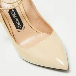 Tom Ford Beige Patent Leather Padlock Ankle Wrap Pointed Toe Pumps Size 39