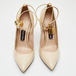 Tom Ford Beige Patent Leather Padlock Ankle Wrap Pointed Toe Pumps Size 39