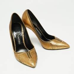 Pre Owned Tom Ford Metallic Gold Python Leather Zipper Trim Pumps Size 40.5