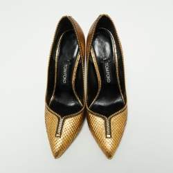 Pre Owned Tom Ford Metallic Gold Python Leather Zipper Trim Pumps Size 40.5