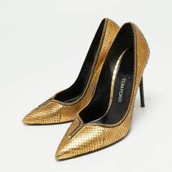 Pre Owned Tom Ford Metallic Gold Python Leather Zipper Trim Pumps Size 40.5