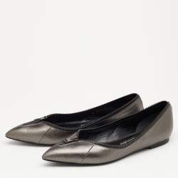 Tom Ford Metallic Grey Karung Embossed Leather Zipper Pointed Toe Ballet Flats Size 39