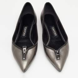 Tom Ford Metallic Grey Karung Embossed Leather Zipper Pointed Toe Ballet Flats Size 39