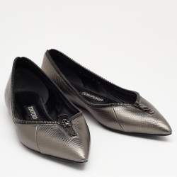 Tom Ford Metallic Grey Karung Embossed Leather Zipper Pointed Toe Ballet Flats Size 39