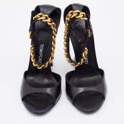Tom Ford Black Leather Ankle Chain Strap Wedge Sandals Size 39