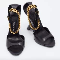 Tom Ford Black Leather Ankle Chain Strap Wedge Sandals Size 39