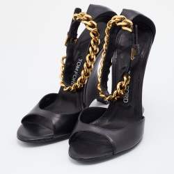 Tom Ford Black Leather Ankle Chain Strap Wedge Sandals Size 39