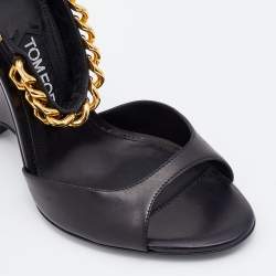 Tom Ford Black Leather Ankle Chain Strap Wedge Sandals Size 39