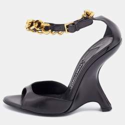 Tom Ford Black Leather Ankle Chain Strap Wedge Sandals Size 39