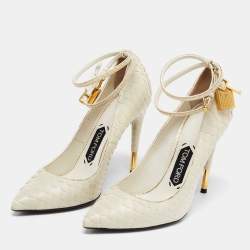 Tom Ford Off White Python Padlock Ankle Strap Pointed Toe Pumps Size 37