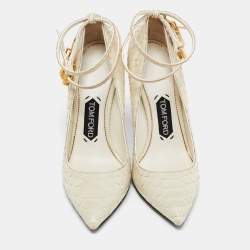 Tom Ford Off White Python Padlock Ankle Strap Pointed Toe Pumps Size 37