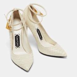 Tom Ford Off White Python Padlock Ankle Strap Pointed Toe Pumps Size 37