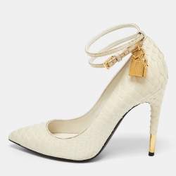 Tom Ford Off White Python Padlock Ankle Strap Pointed Toe Pumps Size 37