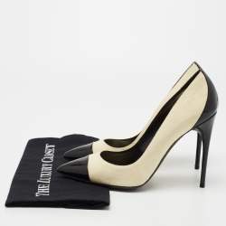 Pre Owned Tom Ford Cream/Black Suede and Patent Leather Cap Toe Pointed Toe Pumps Size 40