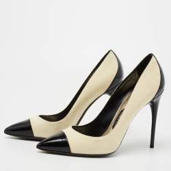 Pre Owned Tom Ford Cream/Black Suede and Patent Leather Cap Toe Pointed Toe Pumps Size 40