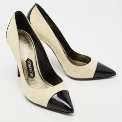 Pre Owned Tom Ford Cream/Black Suede and Patent Leather Cap Toe Pointed Toe Pumps Size 40