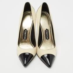 Pre Owned Tom Ford Cream/Black Suede and Patent Leather Cap Toe Pointed Toe Pumps Size 40