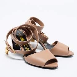 Pre Owned Tom Ford Nude Leather Padlock Ankle Wrap Sandals Size 36