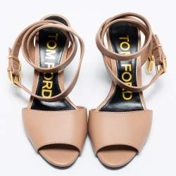 Pre Owned Tom Ford Nude Leather Padlock Ankle Wrap Sandals Size 36