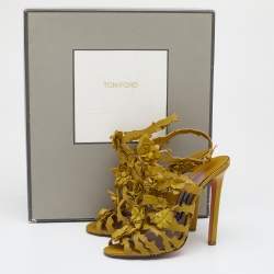 Pre Owned Tom Ford Mustard Yellow Leather Floral Embellished Ankle Strap Sandals Size 38