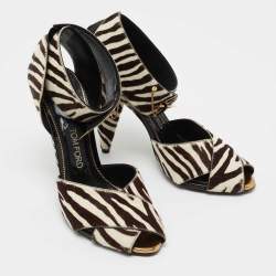Pre Owned Tom Ford White/Brown Calf Hair Ankle Strap Sandals Size 38