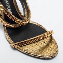 Pre Owned Tom Ford Metallic Gold Python Leather Chain Embellished Slingback Sandals Size 38.5
