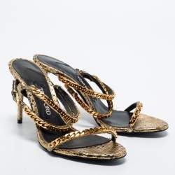 Pre Owned Tom Ford Metallic Gold Python Leather Chain Embellished Slingback Sandals Size 38.5
