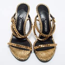 Pre Owned Tom Ford Metallic Gold Python Leather Chain Embellished Slingback Sandals Size 38.5