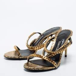 Pre Owned Tom Ford Metallic Gold Python Leather Chain Embellished Slingback Sandals Size 38.5