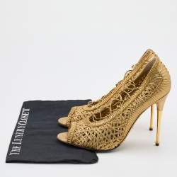 Pre Owned Tom Ford Metallic Gold Woven Leather Lace Up Pumps Size 41