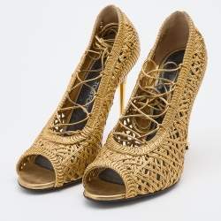 Pre Owned Tom Ford Metallic Gold Woven Leather Lace Up Pumps Size 41