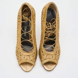 Pre Owned Tom Ford Metallic Gold Woven Leather Lace Up Pumps Size 41