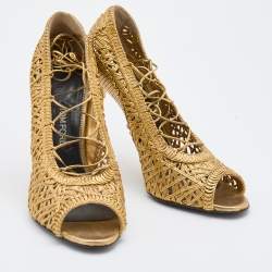 Pre Owned Tom Ford Metallic Gold Woven Leather Lace Up Pumps Size 41