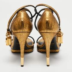 Tom Ford Gold Python Leather Padlock Ankle Strap Mini Platform Sandals Size 36