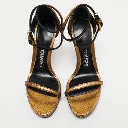 Tom Ford Gold Python Leather Padlock Ankle Strap Mini Platform Sandals Size 36