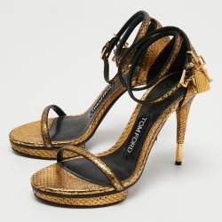 Tom Ford Gold Python Leather Padlock Ankle Strap Mini Platform Sandals Size 36