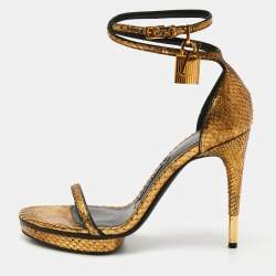 Tom Ford Gold Python Leather Padlock Ankle Strap Mini Platform Sandals Size 36