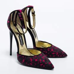 Tom Ford Pink/Black Embroidered Fabric Pointed Toe Ankle Strap Pumps Size 40