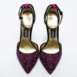 Tom Ford Pink/Black Embroidered Fabric Pointed Toe Ankle Strap Pumps Size 40