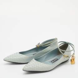 Tom Ford Pale Green Python Padlock Ankle Wrap Pointed Toe Flats Size 39