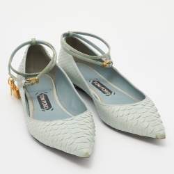 Tom Ford Pale Green Python Padlock Ankle Wrap Pointed Toe Flats Size 39