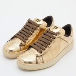Tom Ford Metallic Gold Patent Leather Low Top Sneakers Size 38